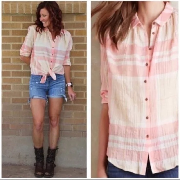 ANTHROPOLOGIE Holding Horses Gailen Peach Plaid Shirt Sz 6 - Picture 1 of 6